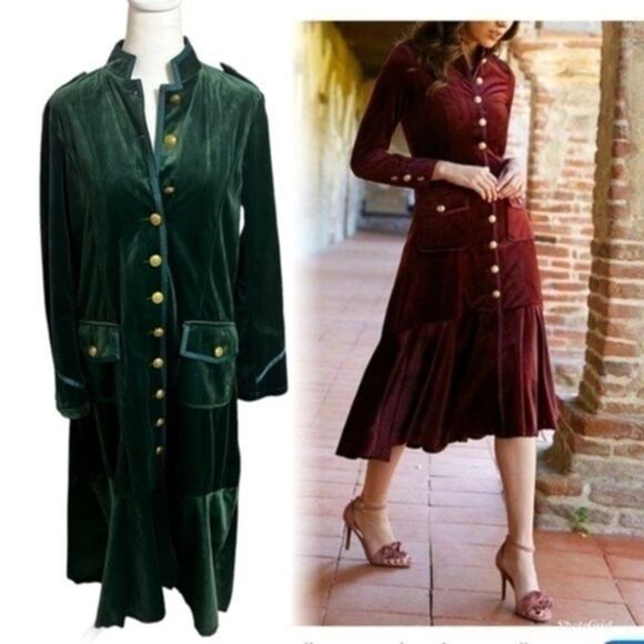 TRISH SCULLY Green velvet jacket or dress nwt 12 large gold buttons fall - Picture 1 of 11